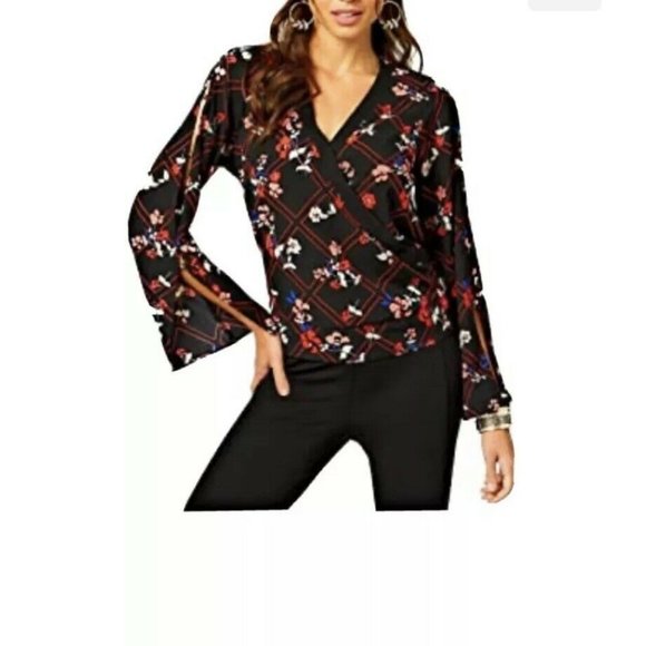 Thalia Sodi Tops - Thalia Sodi Women's Black Floral Back Elastic Cross Front Blouse Size XL #A7